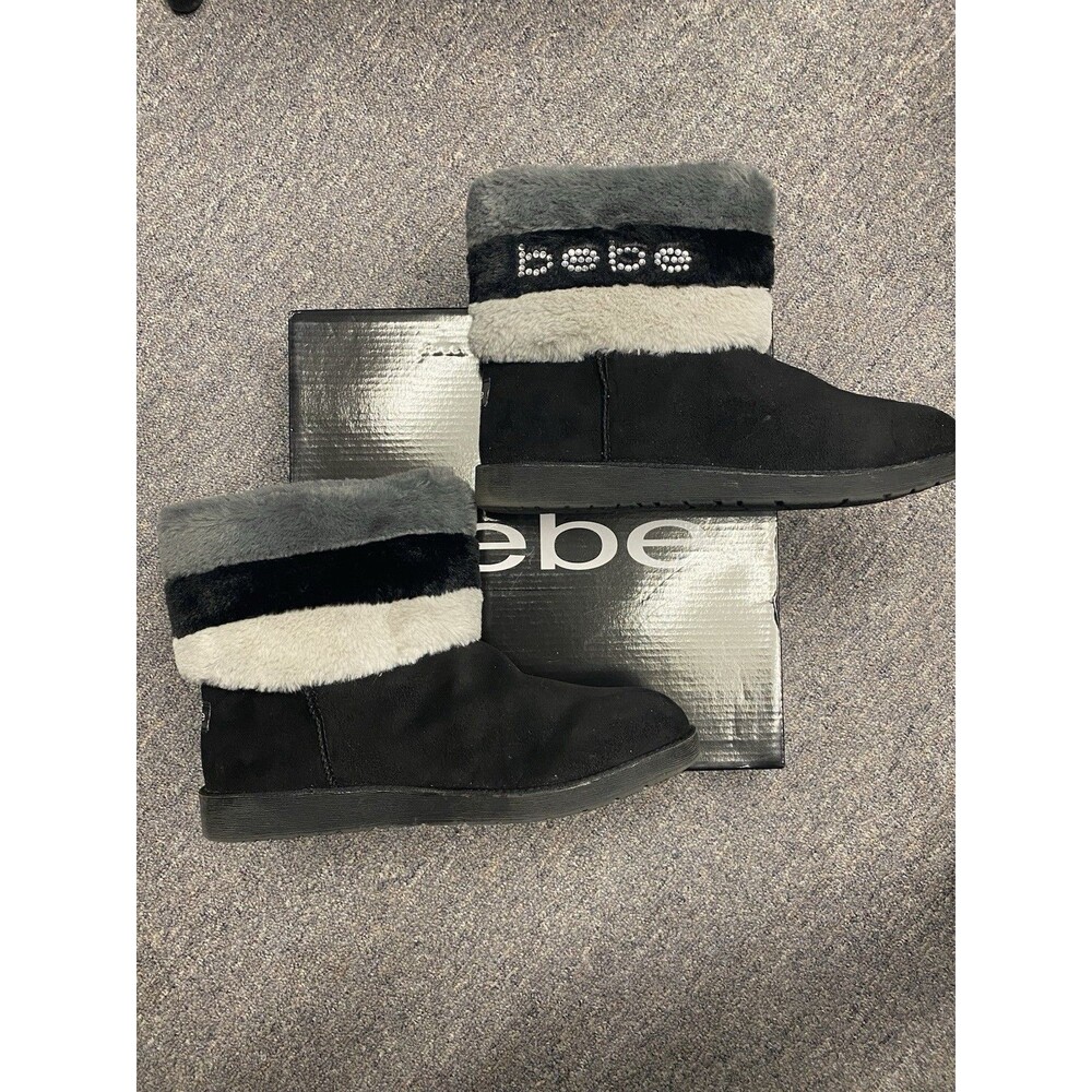 Bebe Black/Grey Boots Faux Fur Size 9.5